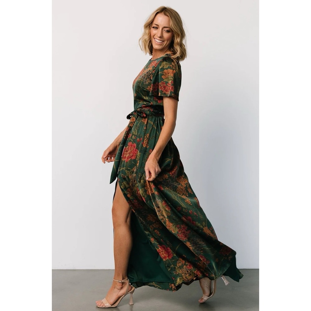 Baltic Born Dark Green Floral Maxi Dress with Rust Blooms